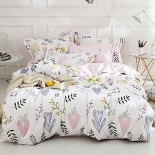 Girls Duvet Cover Queen Floral Bedding Sets White Pink Premium Cotton Colorfu...