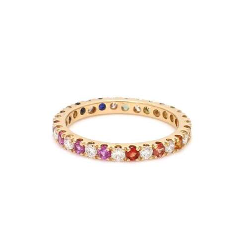 Natural Rainbow Sapphire and Diamonds Eternity Band Ring 14k Yellow Gold Ring U4