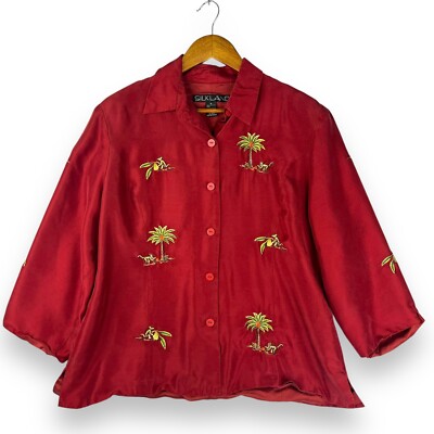 Silkland 100% Silk Embroidered Monkey Palm Tree Button Up Blouse Jacket Red 16