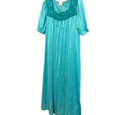 Vtg Sears Carriage Court Woman Teal Balloon Sleeves Long Night Gown Lace Trim