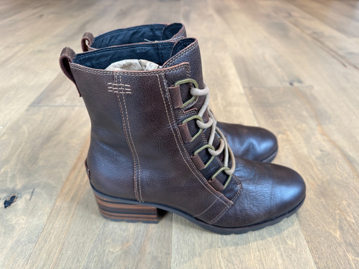 Sorel Cate Lace Waterproof Bootie Dark Brown Leather Boot NL3385-282 Womens 