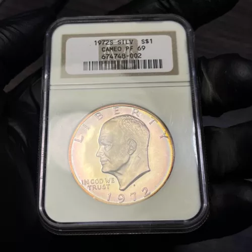 PF69CAM 1972-S $1 Eisenhower Silver Proof Dollar, NGC- Old Holder, Pretty Toned
