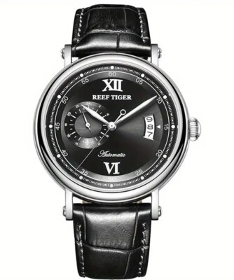 New Reef Tiger Stylish Men's Leather Automatic Watch with Strap - Silver Dark