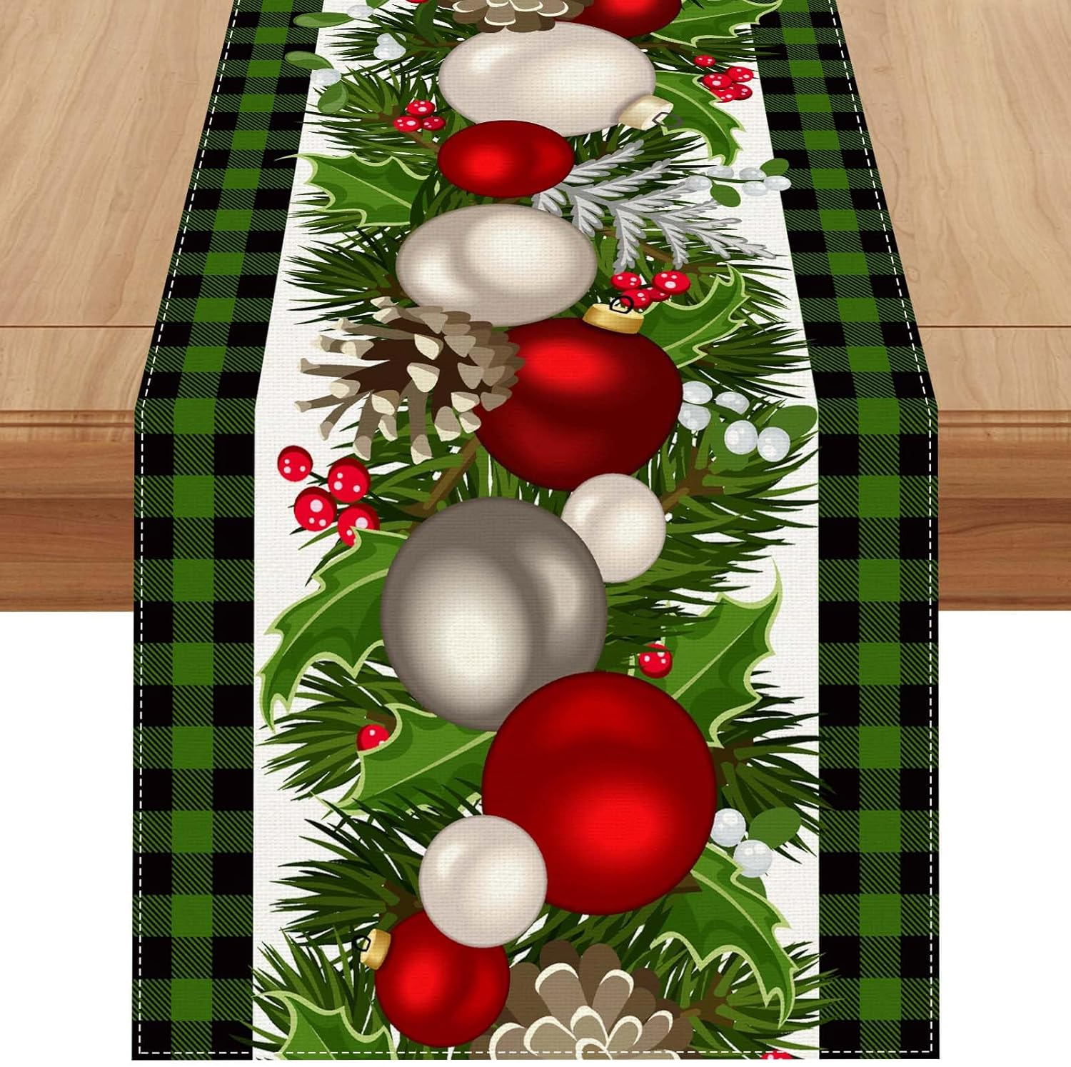 Linen Green and Black Buffalo Check Christmas Table Runner 72 Inches Long Season