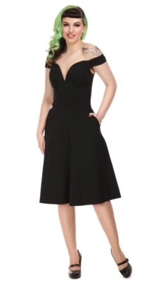 Collectif Size 22 Black Valentina Swing Dress 50s Plunge Neck Christmas New  Year UK
