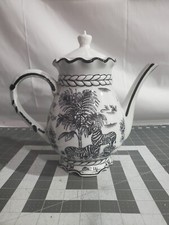 RARE Unique Coffee Pot Teapot Porcelain Black and  White Zebra Palms Turtles