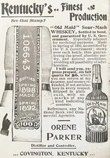 1898 OLD MAID Kentucky Sour-Mash Whiskey Bottle Stamp Ad~Orene Parker,Covington