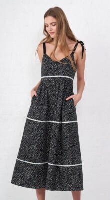 La Ligne Kate Tie Shoulder Midi Dress Black Floral Print Cotton Ladies  Small | eBay