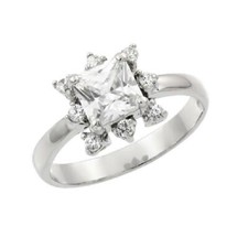 Sterling Silver CZ Stones Ladies Ring w/ 4mm 0.4 ct Princess Cut Center CZ
