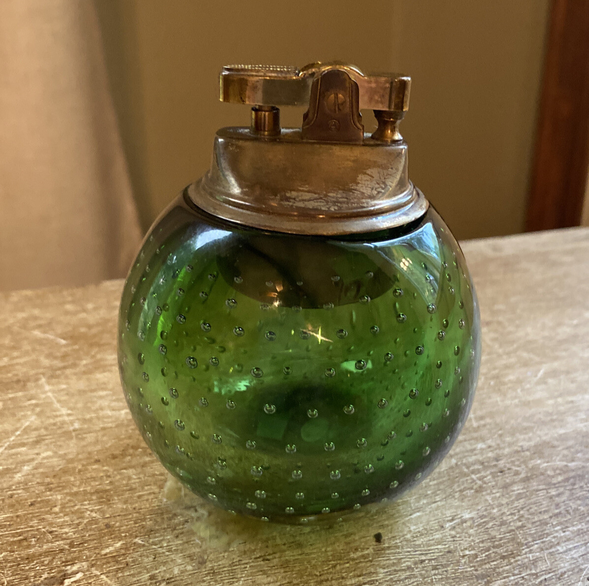 Vintage Murano Art Glass Table Lighter Emerald Green Controlled Bubbles