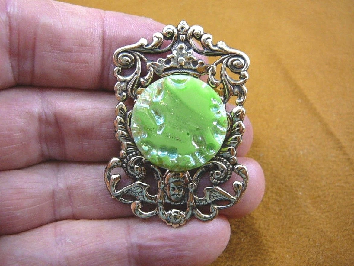 Z18 30 iridescent lime green gold textured Czech glass button angel pin brooch