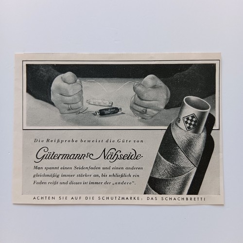 1939 Gütermanns Nähseide, Garn, Schneidern, Werbeanzeige, Werbung, Ephemera