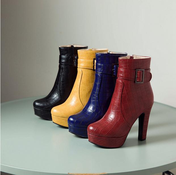 Women's Platform Ankle Boots Chunky Heel Shoes Zipper Round