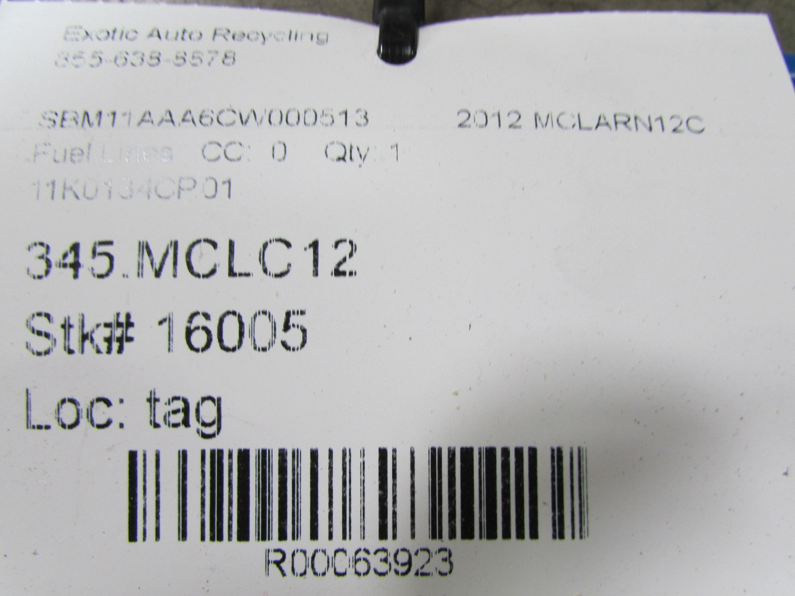 Mclaren MP4-12C Fuel Line, Used, P/N 11K0134CP.01