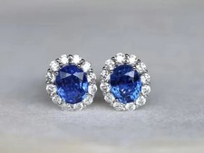 14K White Gold Plated Lab-Created Sapphire 3Ct Oval Cut Halo Stud Earrings