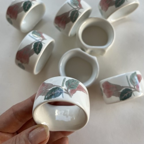 1980s Mikasa Silk Flowers Napkin Rings Set of 8 Vintage Pink Green Ivory Floral - Picture 8 of 8