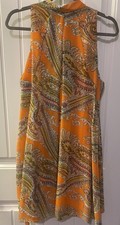 Robbie Bee Dress SZ 12 Lined Orange Paisley Tie Neck A Line Sleeveless