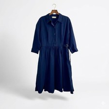 Tory Burch Navy Blue Cotton Midi Shirtdress Gold Logo Buttons Belted Size 12