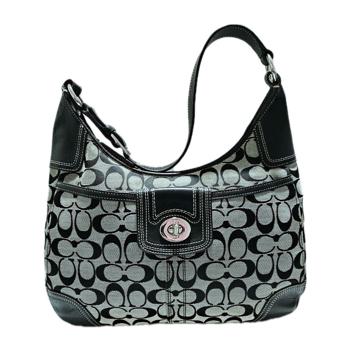 バッグ Vintage Coach Hobo Bag Signature Vintage Coach Signature Black/Gray Canvas Hobo Bag with Turnlock