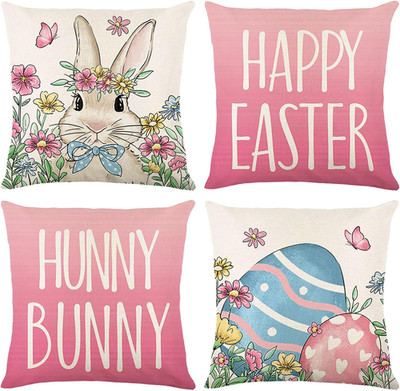 4er Set Happy Easter Ostern Kissenbezüge 40x40cm Hase und Eier Zierkissenbezug W