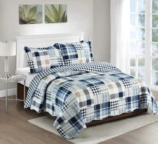 Brilliant Sunshine Blue Plaids and Stripes Patchwork, 3-Piece Quilt Set with 2