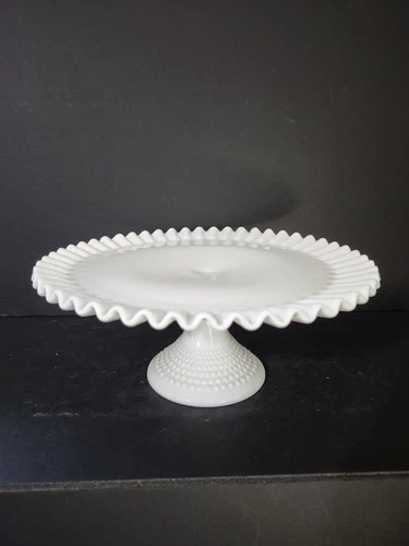 Vtg Fenton Milk Glass Hobnail 12.5" Pedestal Cake Plate Stand Ruffled Edge Large