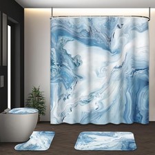 Blue Marble Shower Curtain Set with Toilet Lid Cover and Non-Slip Marble Blue 2
