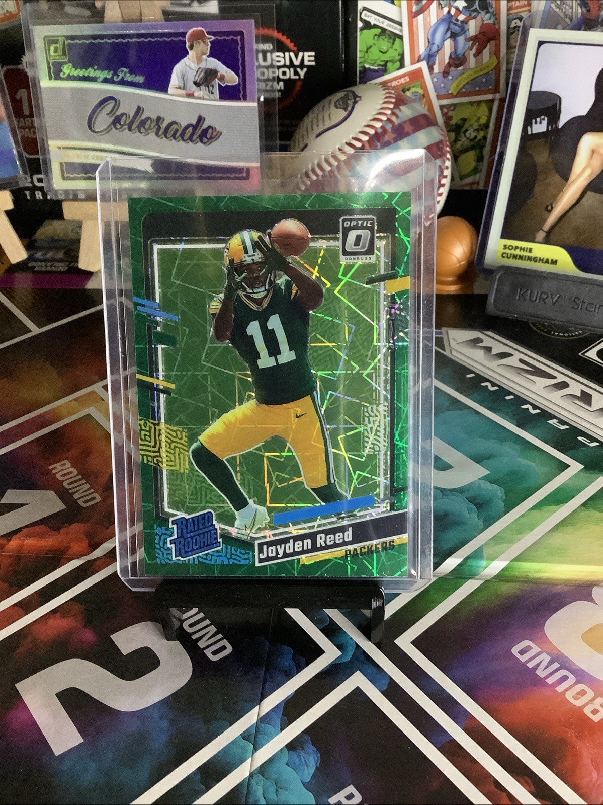 2023 Donruss Optic Rated Rookie Jayden Reed #239 Green Velocity Laser Prizm