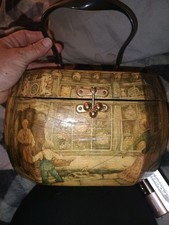 Vintage Anton Pieck Wooden Decoupage Purse Octagon Box Handbags Lucite Handle