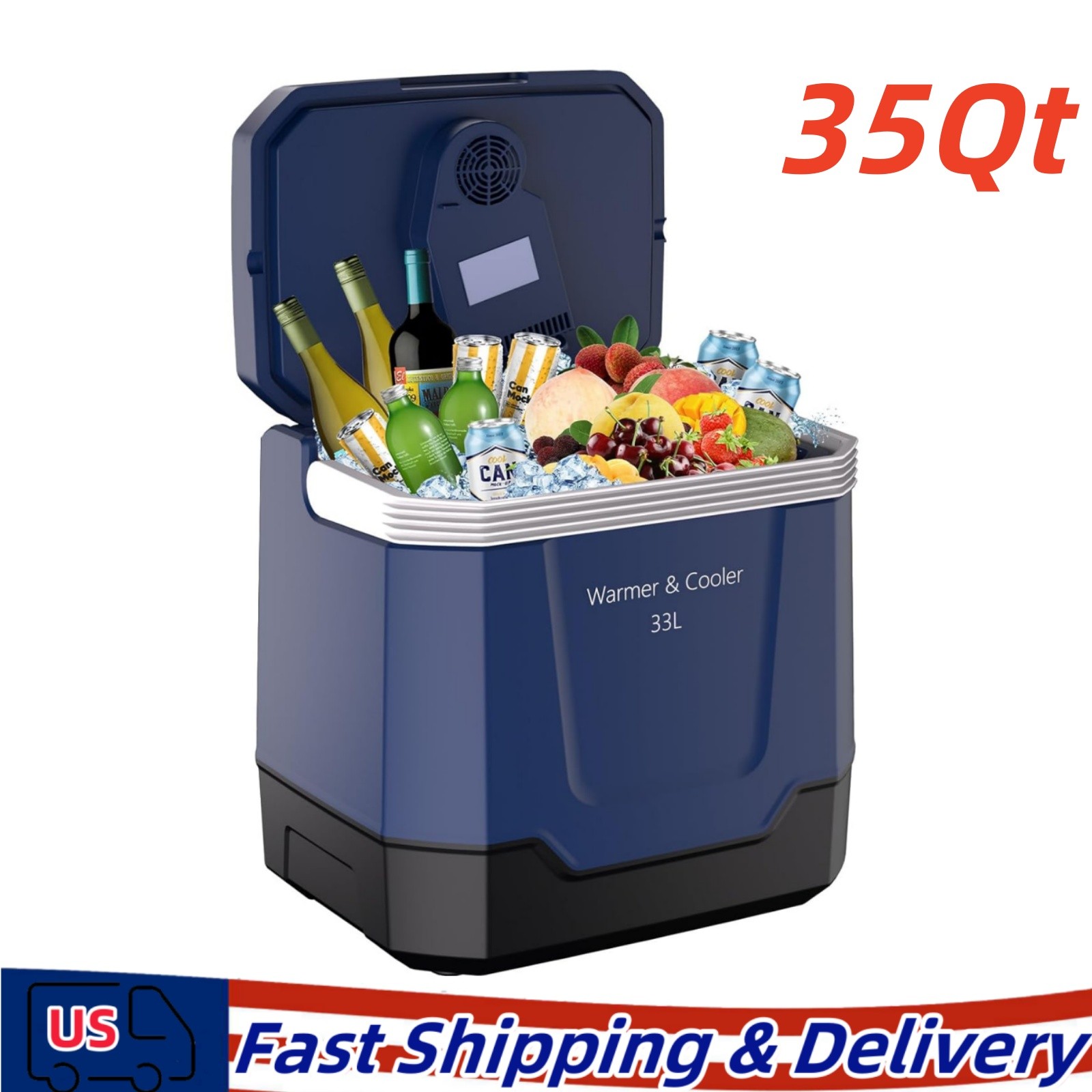 35Quart 33L Portable Electric Cooler Warmer 12V/110V Dual-Power Car Refrigerator