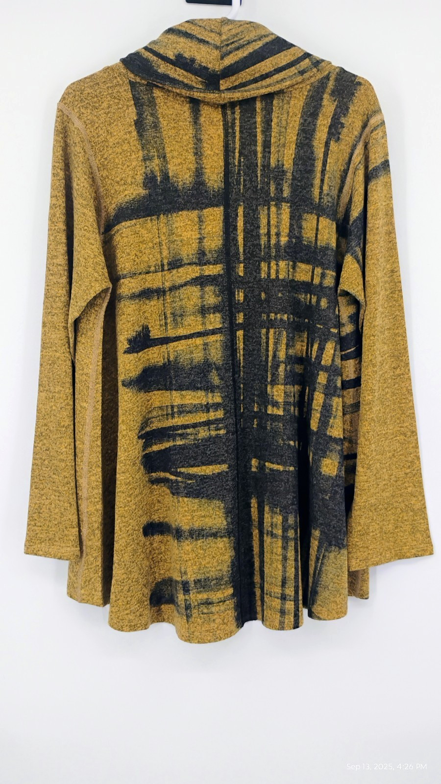 NEW Inoah Tunic Sweater Art Mustard Black Abstract Cowl Neck Long Sleeve XL