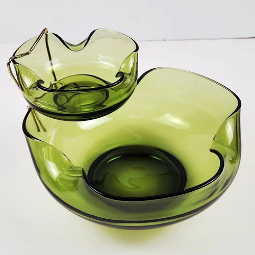 Anchor Hocking Green Glass Scalloped Curves Chip & Dip Bowl Set Vintage MCM VG
