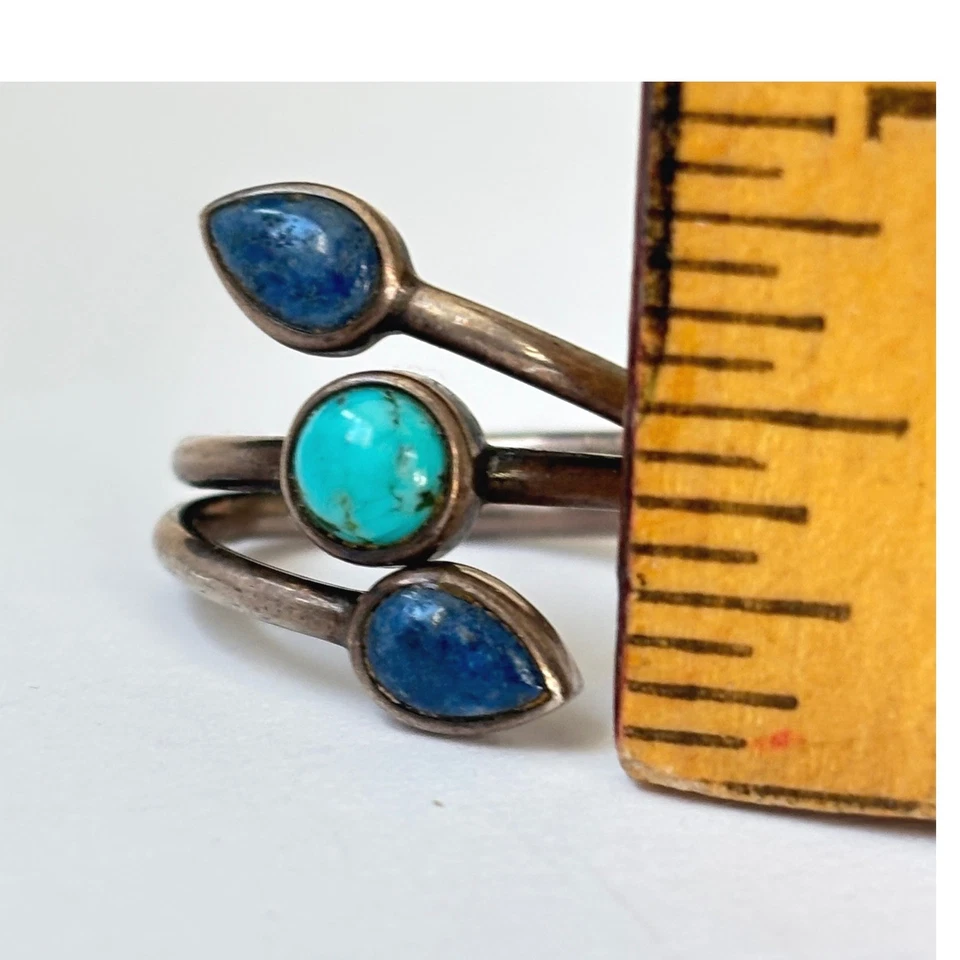 Anillo Vintage Plata Esterlina Turquesa Lapislázuli Talla 6.5 Hojas Gotas Foto 2 de 4