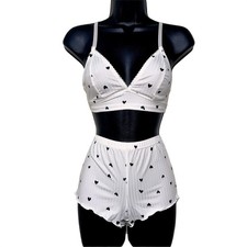 New Small Hearts White Set 2 Piece Cami Pajama Set Shorts Bra Tank Top PJ Lounge