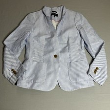 Talbots Aberdeen Linen Blend Blazer Womens 2p Petite Striped Coastal Anchor
