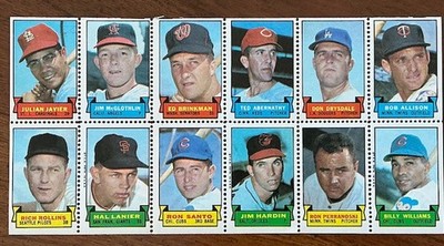 1969 Topps Baseball, Complete 12 Stamp Panel, #18 Drysdale, Santo, B. Williams
