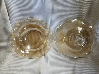 2 Irridescent Amber Depression Glass Ruffle Bowl 10 