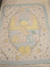 Vintage Precious Moments Our Baby Quilted Blanket Pastel Bunny Bird Bow Handmade