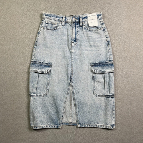 Calvin Klein Jeans Denim Skirt Womens 27 Blue Cargo Midi High Rise Light Cotton
