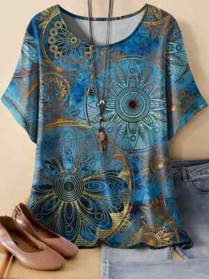 PLUS SIZE 22 24 26 BLUE YELLOW MANDALA  SOFT T SHIRT TOP BLOUSE STRETCH CURVE