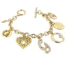 NEW GOLD TONE GUESS CHAIN LINK MULTI "G" CHARM BRACELET+RHINESTONE ACCENT