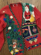 Vintage Hand Knit Holy Grail Busy Ugly Christmas Sweater Long Cardigan L XL