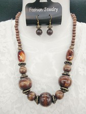 Vintage Bohemian Style Chunky Wood Bead Necklace Dangle Hook Earring Set