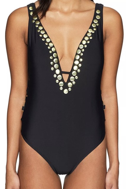 black studded one piece swimsuit