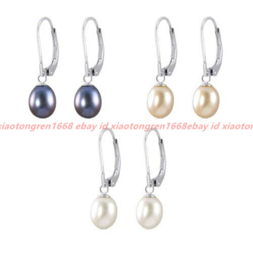 Boucles d'oreilles gouttes perles d'eau douce authentiques 8-9 mm argent Leverback - Photo 1/15