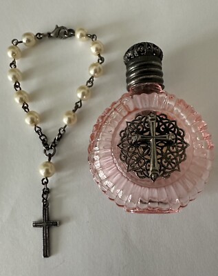 Holy Water Bottle-pink glass with Decade Rosary Beads bracelet-antique silver