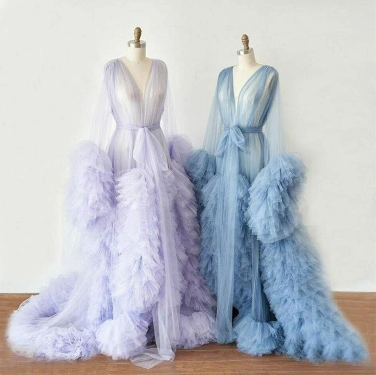 Occident Lady Mesh Long Dress Belted Robe Puffy Tulle V Neck Gown Ball Sexy Chic - Image 3 of 4