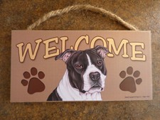 Pitbull Blk Wht Welcome Cute Hanging Dog Sign 10"x5" Great Gift Wood Plaque 763