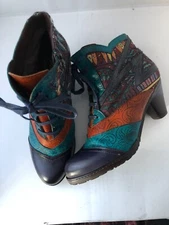 Socofy Bohemian Splicing Pattern Leather Ankle Boots US 9 EU 40 Side Zip Lace Up