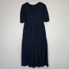Zara Tiered Midi Dress Women's Size S Cotton Peasant Puff Sleeve Black Pullover